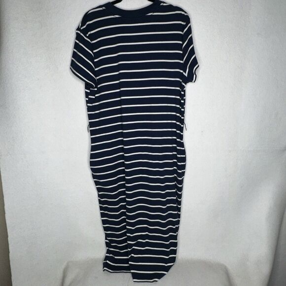 Time And Tru Womens Navy/White Striped T-Shirt Maxi Dress with Pockets Sz 14-16 - Picture 3 of 8